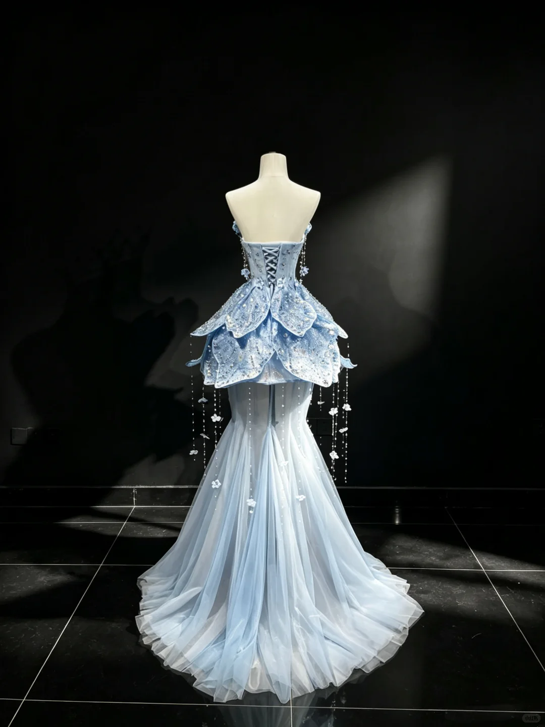 Light Blue Strapless 3D Petal Mermaid Evening Gown Sequin Rhinestone Beaded Tassel 2-in-1 Tulle Long Train Prom Dress  NV6998