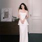 Strapless Feather Beaded Evening Gown, Layered Pearl Long Formal Dress  NV7349