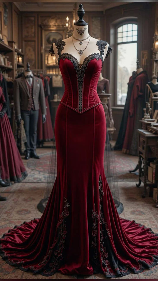 NiceVestidos-_Burgundy velvet long train gown NV6017