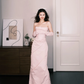 Blush Pink Strapless Ruched Evening Gown with Gloves  NV7298