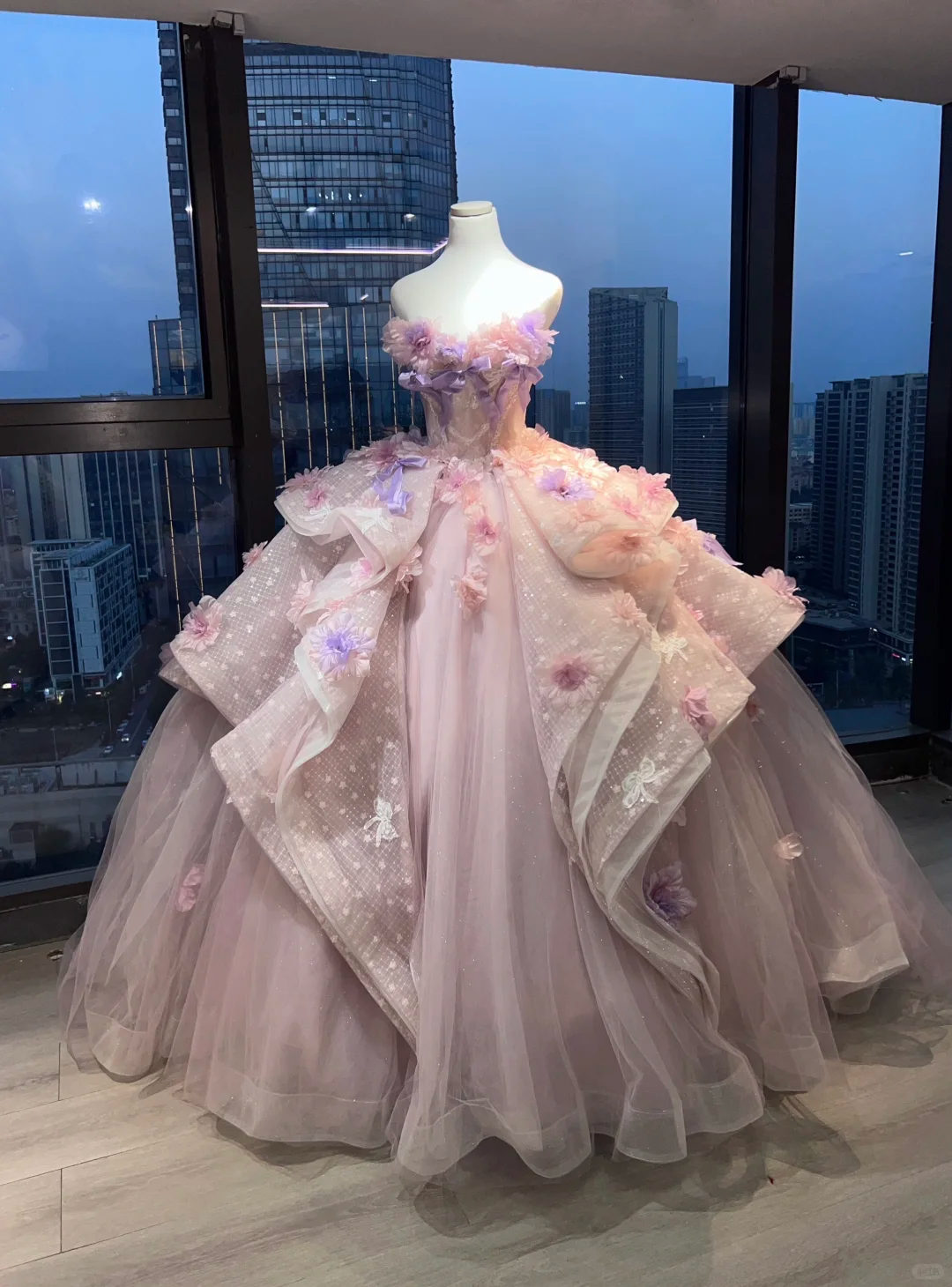 Pink Lavender Strapless Ball Gown 3D Floral Satin Bow Lace Corset Fairy Prom Dress  NV6950
