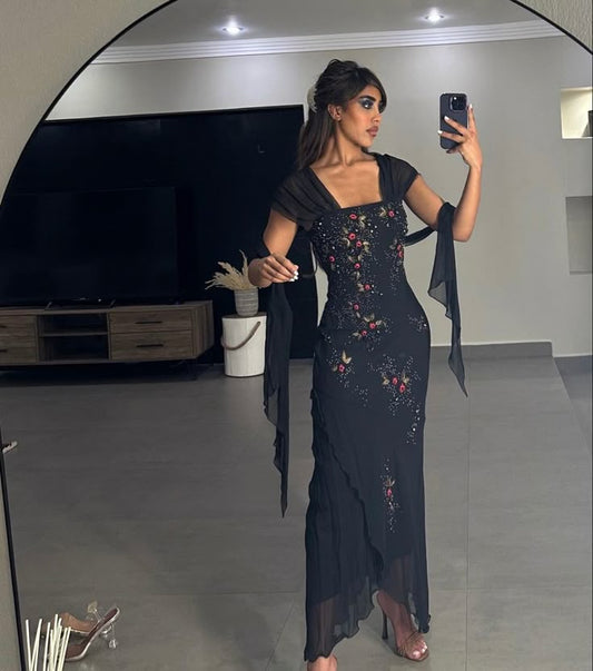 Black Elegant Delicate Floral Beaded Long Chiffon Ball Gown Evening Gown Party Dress Prom Gown nv3878