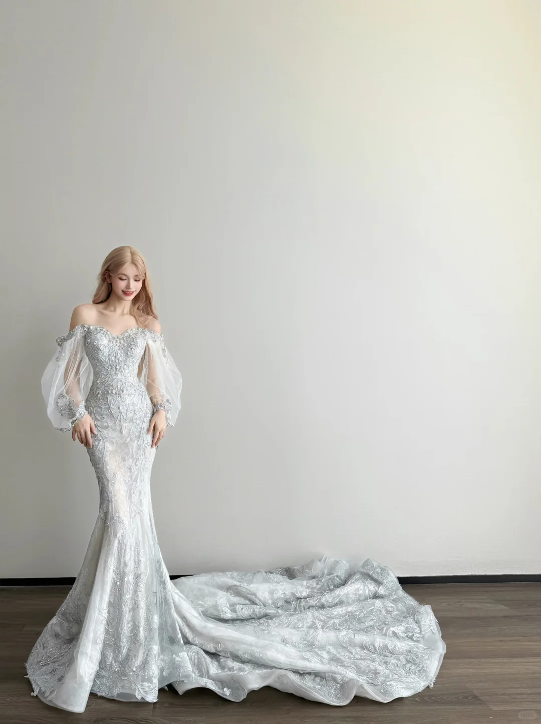 Silver Grey Off Shoulder Prom Gown Detachable Sheer Puff Sleeve Beaded Lace Mermaid Long Train Evening Dress  NV7160