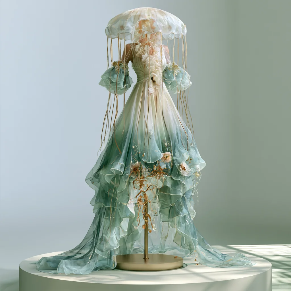 Sage Green Ombre Jellyfish Themed Organza Gown with Puff Sleeve  NV7489