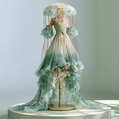 Sage Green Ombre Jellyfish Themed Organza Gown with Puff Sleeve  NV7489