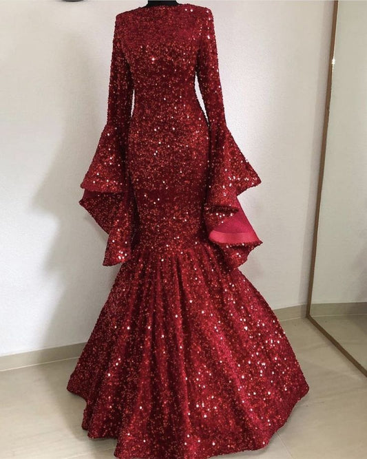 NiceVestidos - Robe longue à manches longues bleu roi à sequins, robe de bal bordeaux modeste NV6060