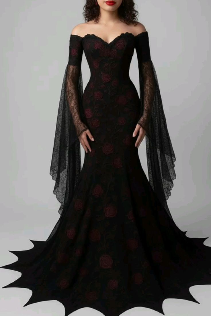NiceVestidos-_Burgundy Delicate Lace Long-Sleeved Sweetheart Neck Floor-Length Chiffon Dress NV6015