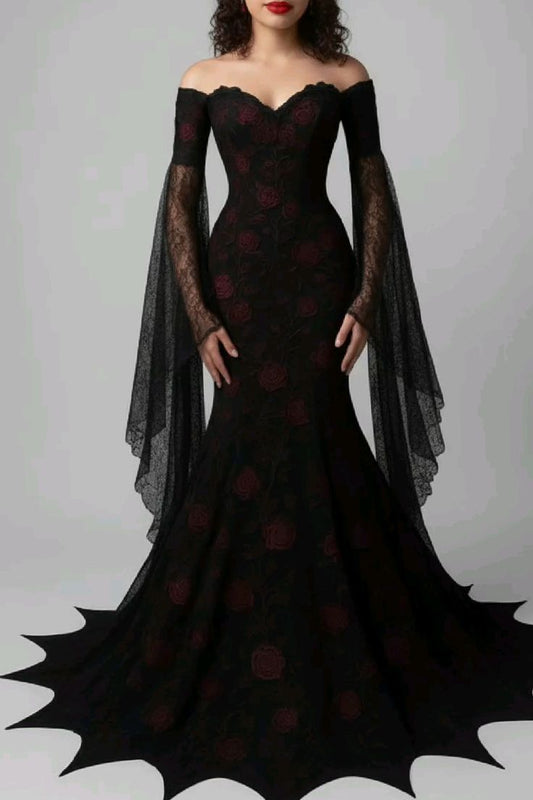 NiceVestidos-_Burgundy Delicate Lace Long-Sleeved Sweetheart Neck Floor-Length Chiffon Dress NV6015