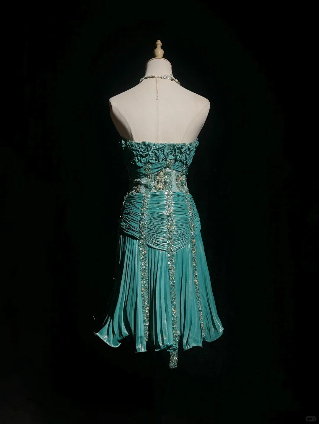 Strapless Peacock Green 1920s Gatsby Midi Prom Dress 3D Floral Appliques Sheer Boned Bodice Pleated Skirt Rhinestone Formal Gown  NV6896