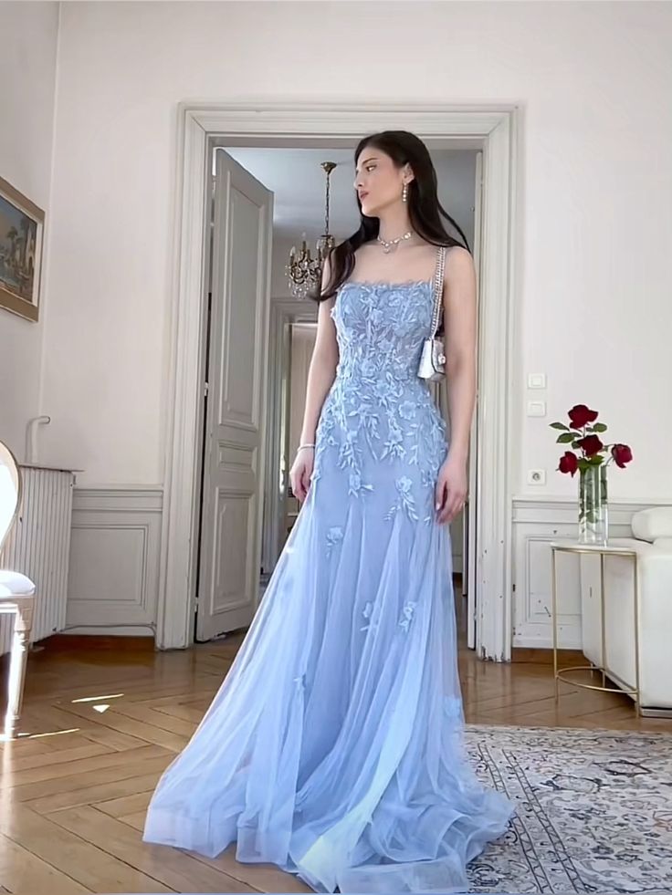 Blue stylish elegant exquisite embroidered spaghetti straps long tulle off-shoulder floor-length ball gown, evening dress, party dress nv3716