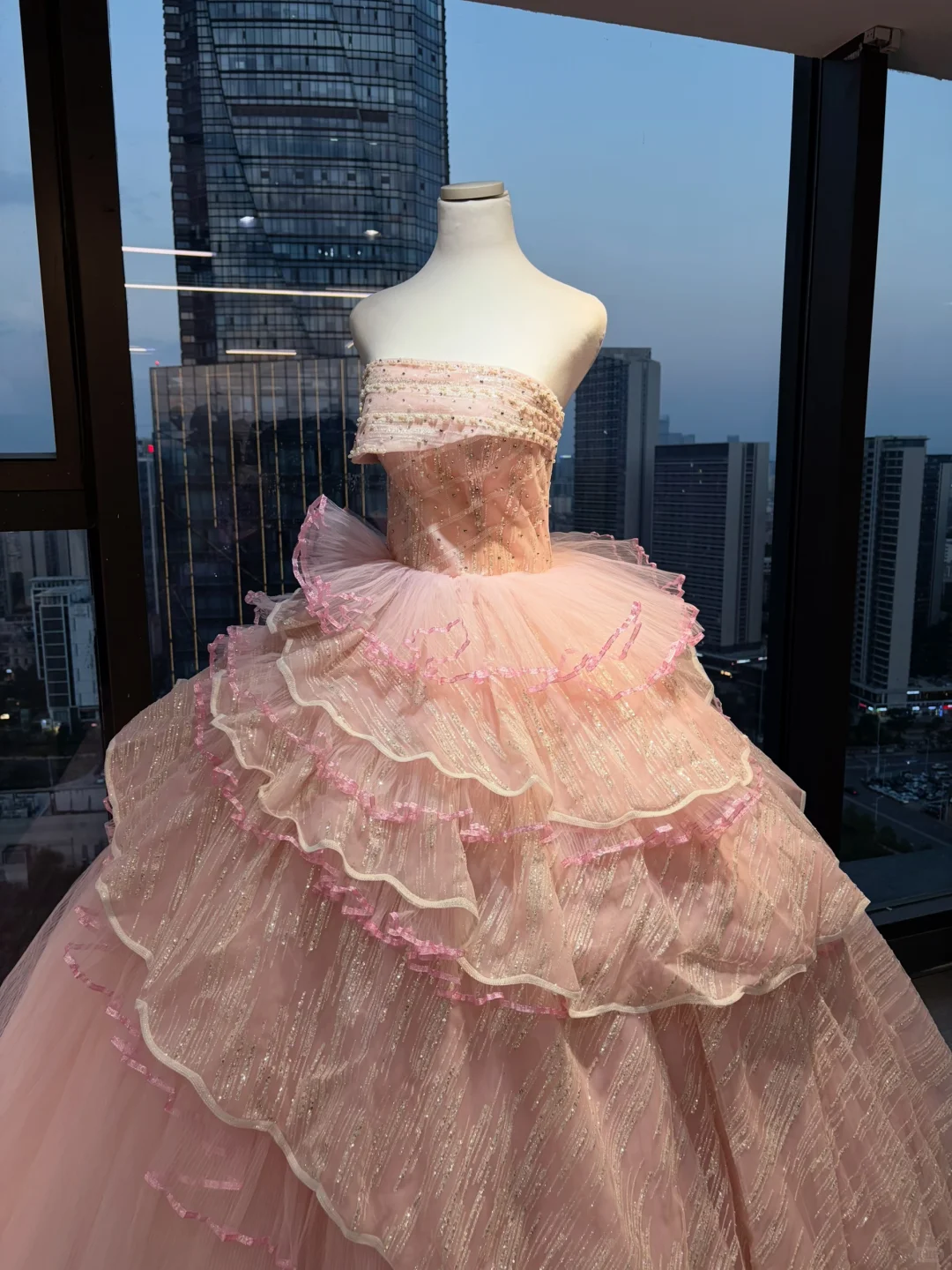 Strapless Blush Pink Prom Dress Glitter Beading Tiered Ruffle Tulle Cake Ball Gown  NV7047