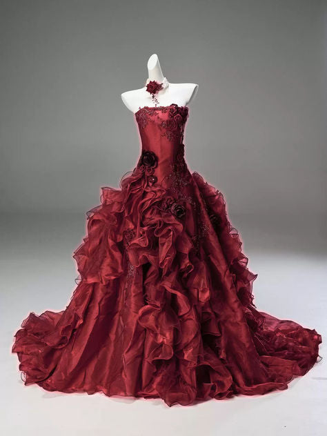 Robe de bal NiceVestidos - Bordeaux, tulle floral 3D, bustier, sans manches, traîne longue NV6181
