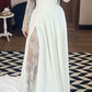 Cream Satin Off-the-Shoulder Lace Sleeve Slit Floor-Length Elegant Wedding Dress NV6232