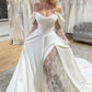 Cream Satin Off-the-Shoulder Lace Sleeve Slit Floor-Length Elegant Wedding Dress NV6232