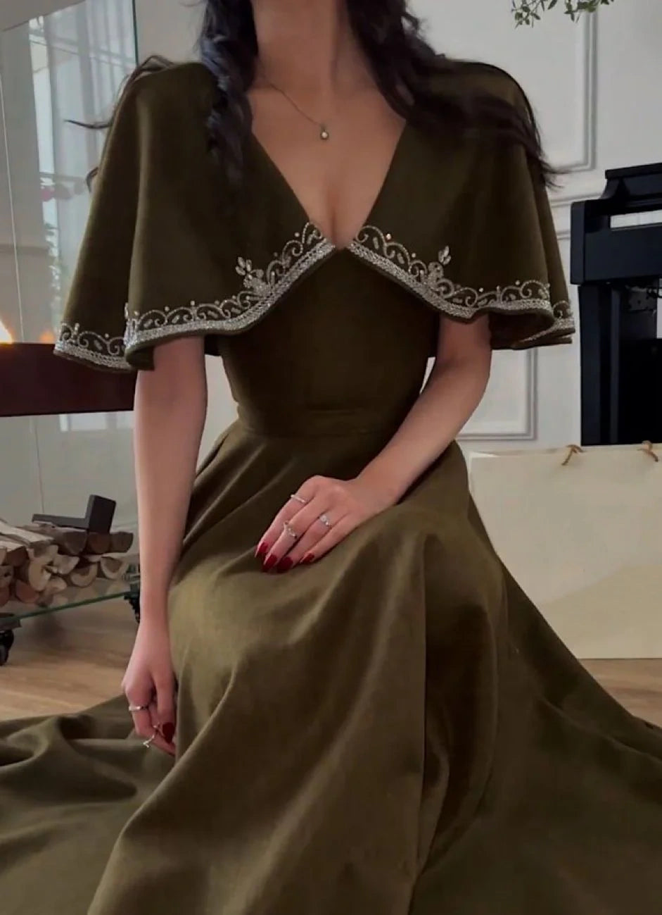 Olive Vintage Embroidery V Neck Long Dress Cape Short Sleeves Ball Gown Evening Dress nv1808
