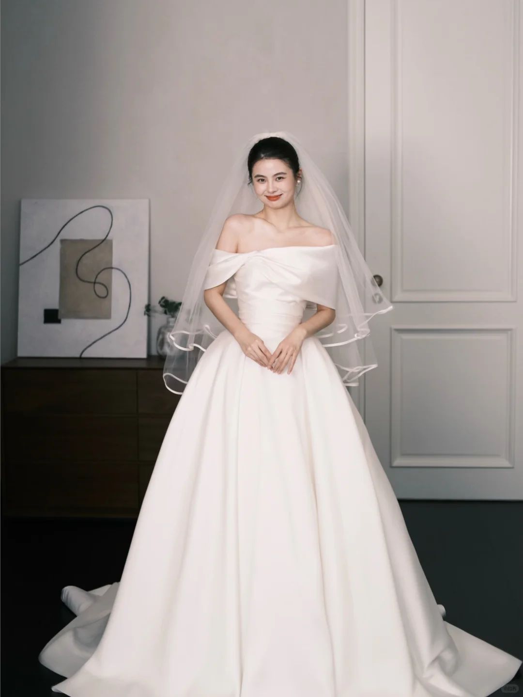 Off Shoulder Twist Ruched Satin Wedding Dress with Long Train  NV7376