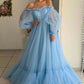 Blue stylish elegant long tulle puff sleeves ball gown evening dress nv3216