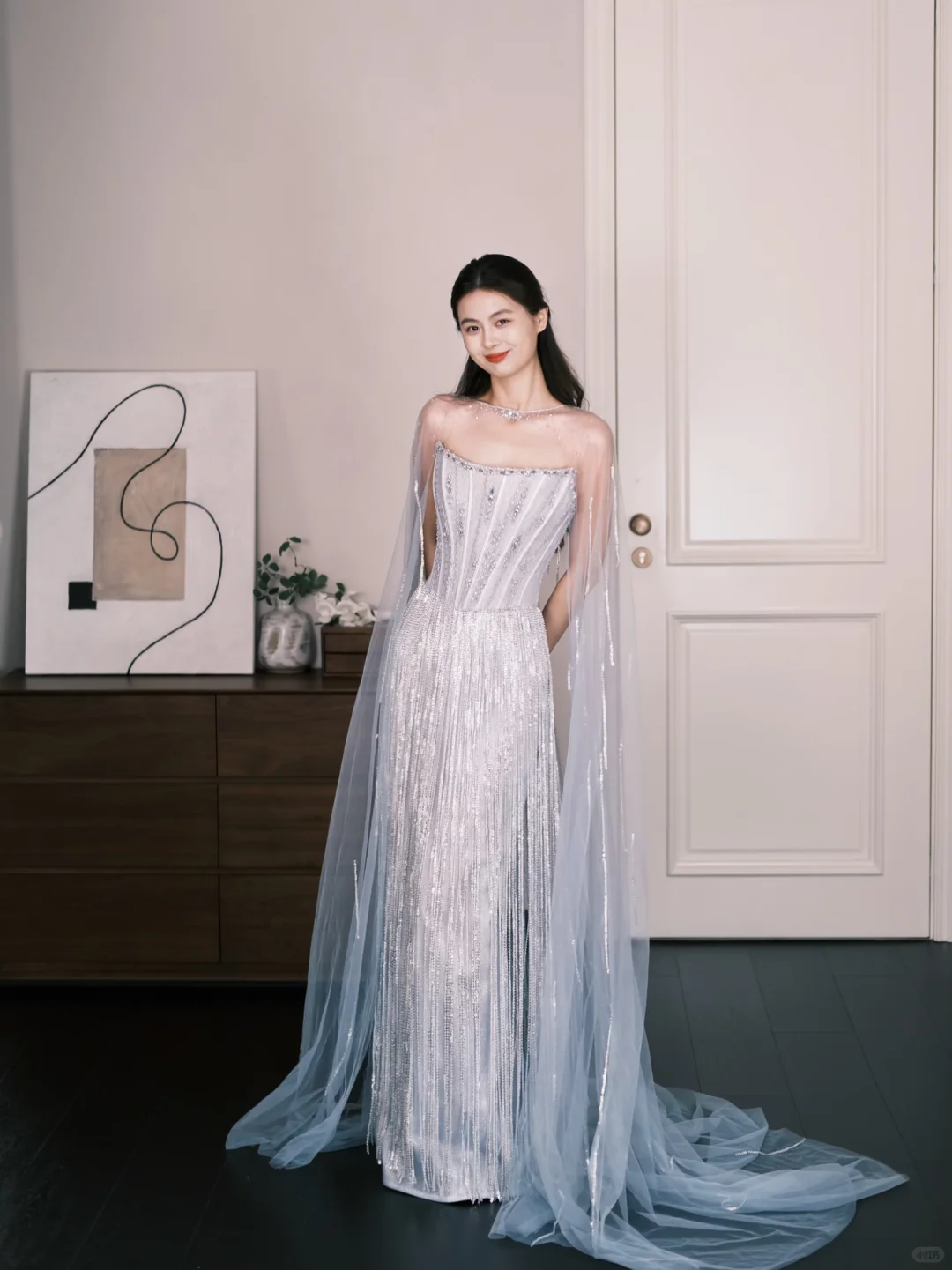 Light Silver Beaded Fringe Mermaid Prom Gown With Sheer Tulle Cape  NV7276