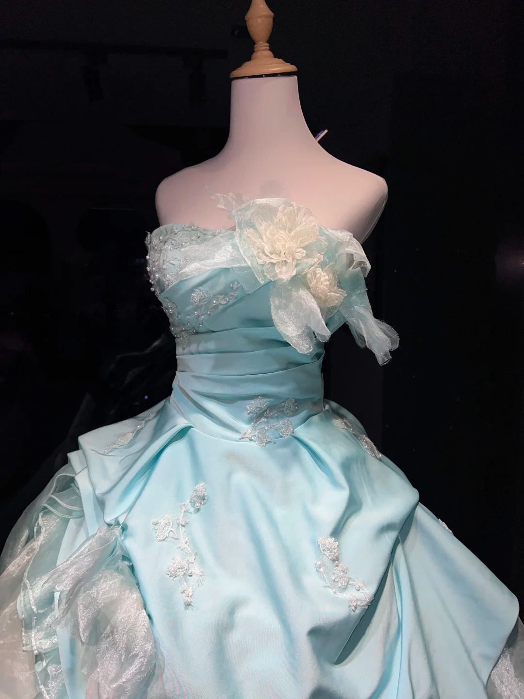 Strapless Mint Blue Prom Dress Satin Ruched Hand Beading 3D Flower Organza Ruffle Ball Gown  NV7051