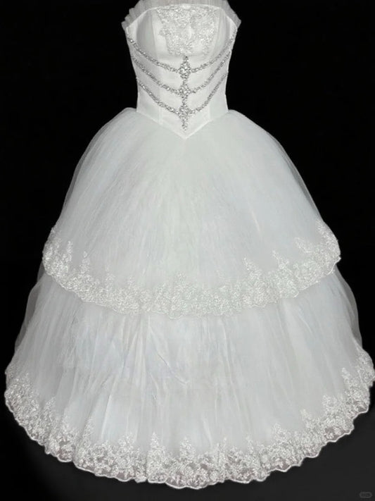 White Delicate Beading Elegant Long Lace Tulle Ball Gown Evening Dress nv4923
