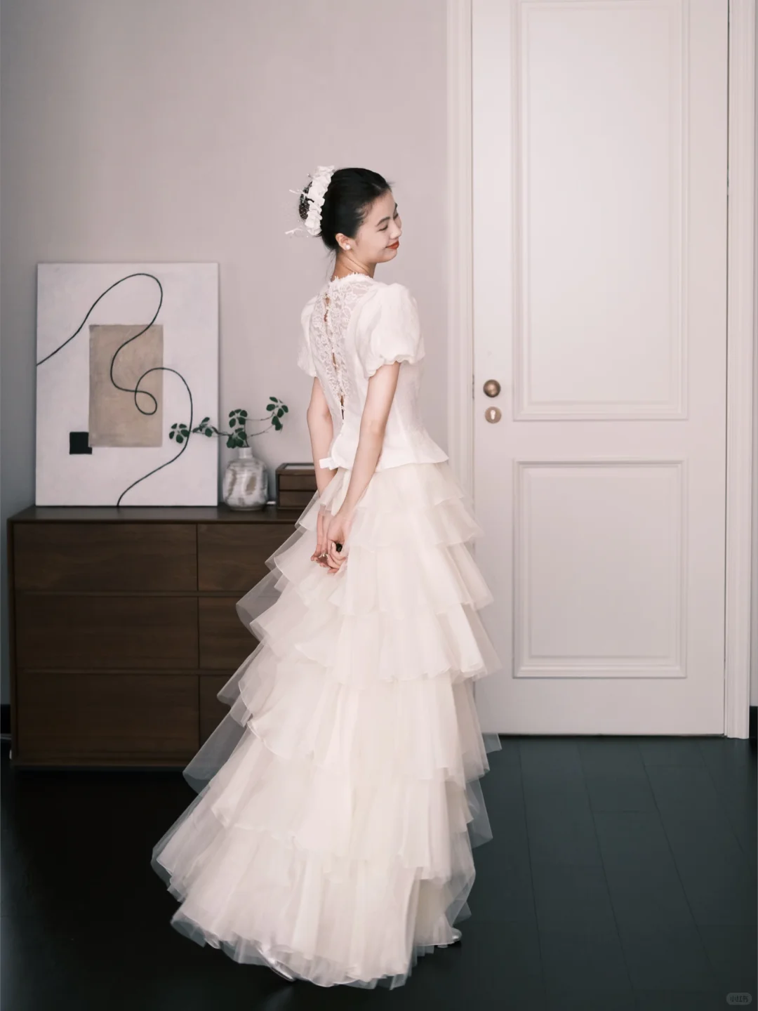 Vintage Tiered Tulle Wedding Dress Ivory Puff Sleeve Lace Bridal Gown  NV7252