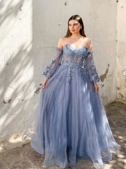 A-Line Sweetheart Neck Tulle Gray Blue Lace Long Prom Dress, Gray Blue Formal Evening Dress nv1526