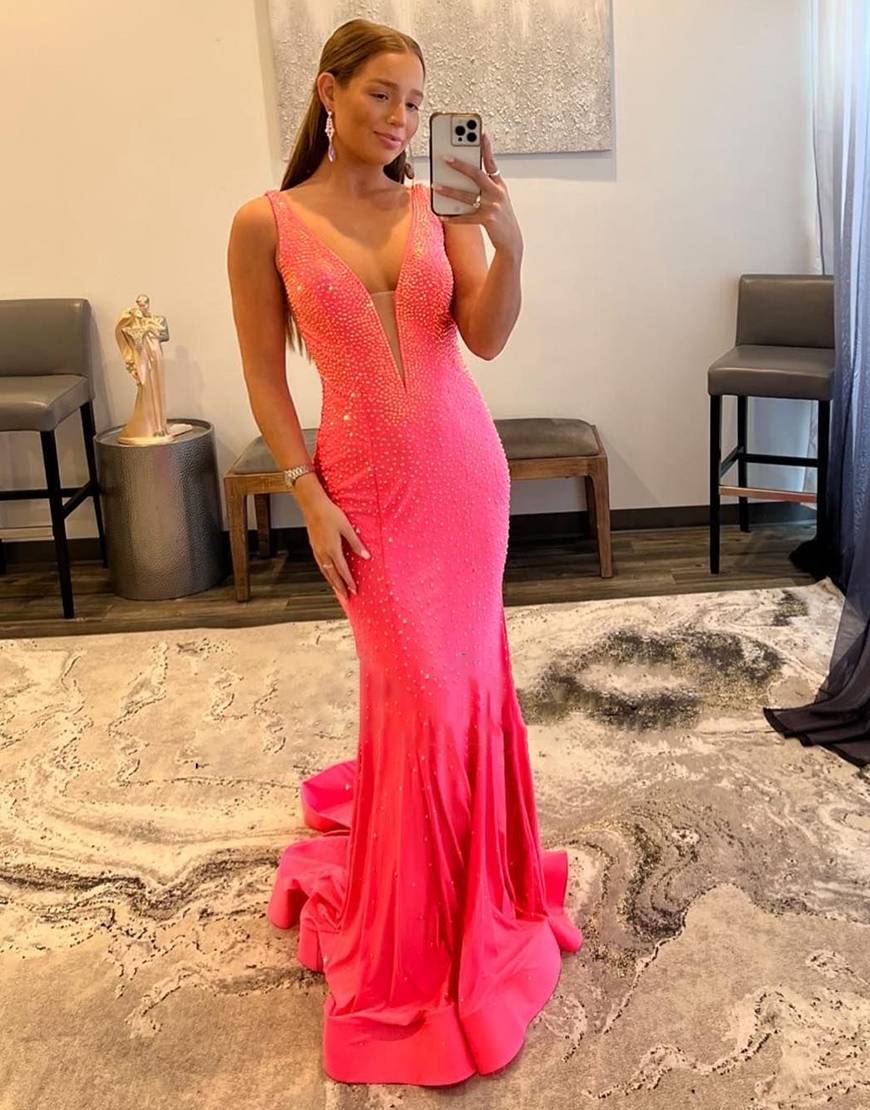 Blue/Purple/Orange/Pink Mermaid Deep V Neck Royal Blue Long Prom Dress with Beading nv951