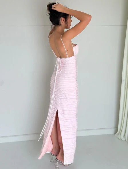 Pink Elegant Spaghetti Strap Pleated Long Banquet Dress Wedding Guest Dress Evening Dress Party Dress Prom Dress nv1784