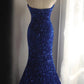 Royal blue vintage elegant pleated long sequin velvet beaded mermaid fishtail slim floor-length tail ball gown evening dress party dress wedding dress nv4123
