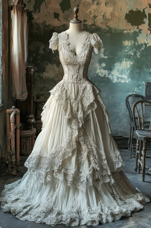 Robe de bal maxi style victorien vintage à manches bouffantes en dentelle blanc cassé multicouches | Idéale pour un mariage, une soirée rétro ou un dîner de gala de luxe (NV6283)