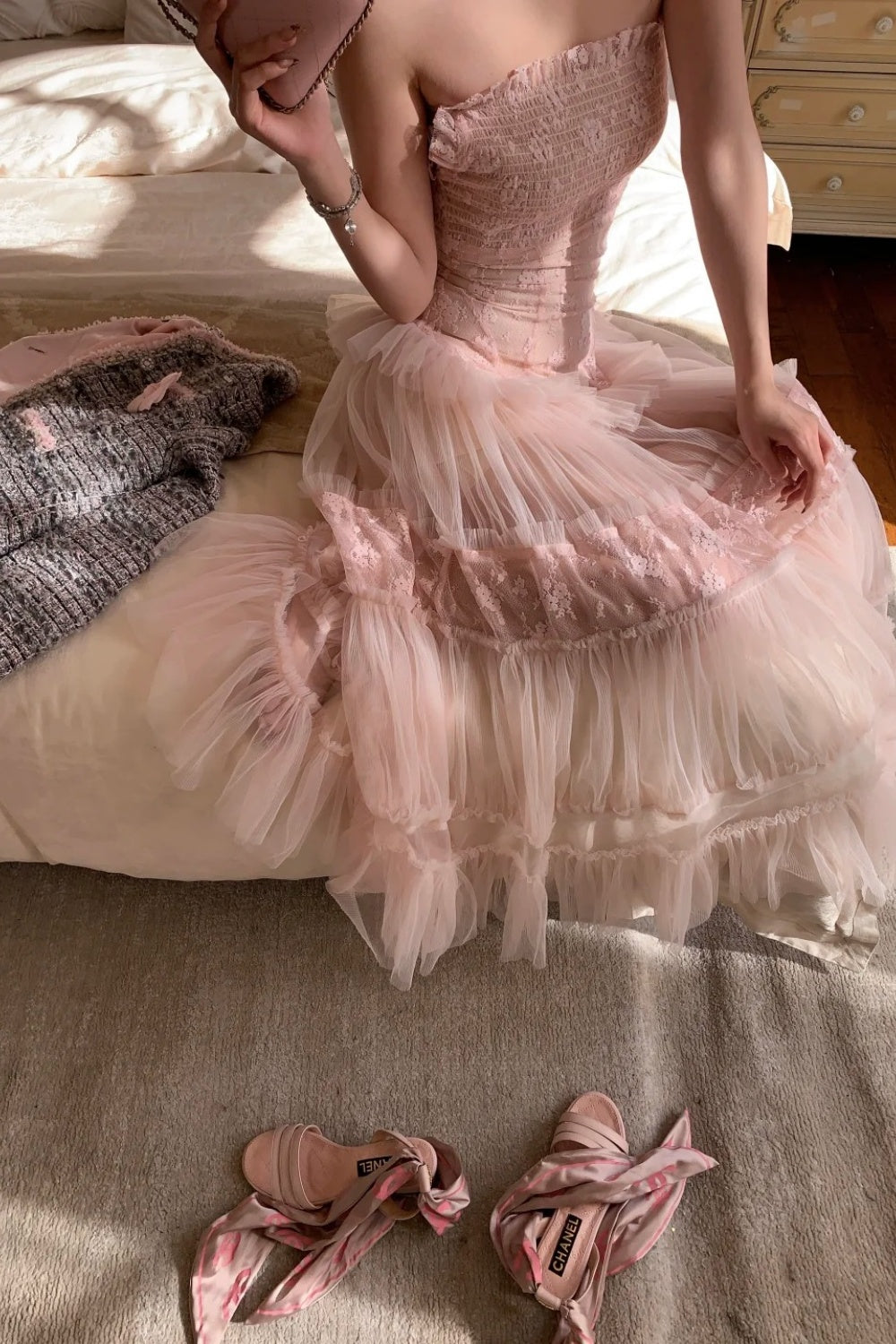 Robe de soirée longue en mousseline rose NV6745