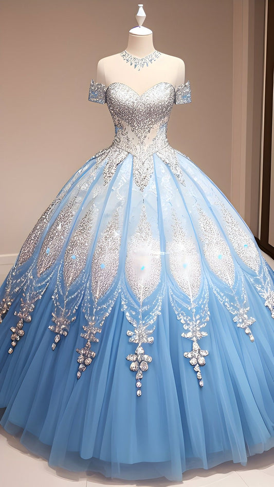 Blue princess wedding dress, luxurious beaded, shimmering, gorgeous wedding gown with short sleeves, floor-length ball gown nv5059