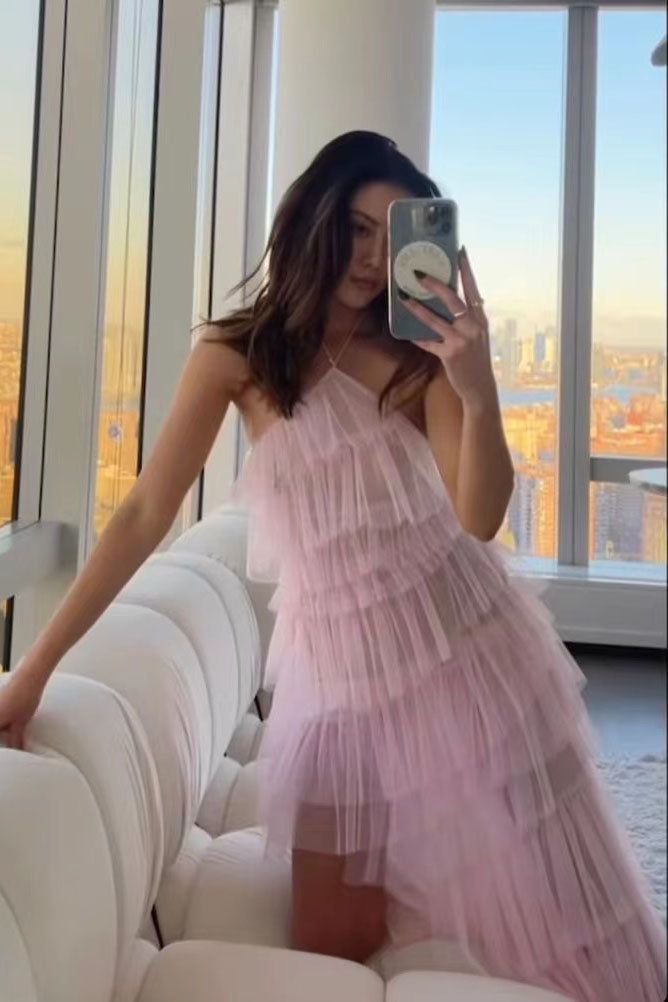 Pink sweet backless long tulle ball gown evening dress nv1353