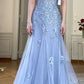 Blue stylish elegant exquisite embroidered spaghetti straps long tulle off-shoulder floor-length ball gown, evening dress, party dress nv3716