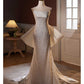 White Elegant Shiny Strapless Long Mermaid Slim Lace Ball Gown Evening Dress Trailing Wedding Dress nv3468