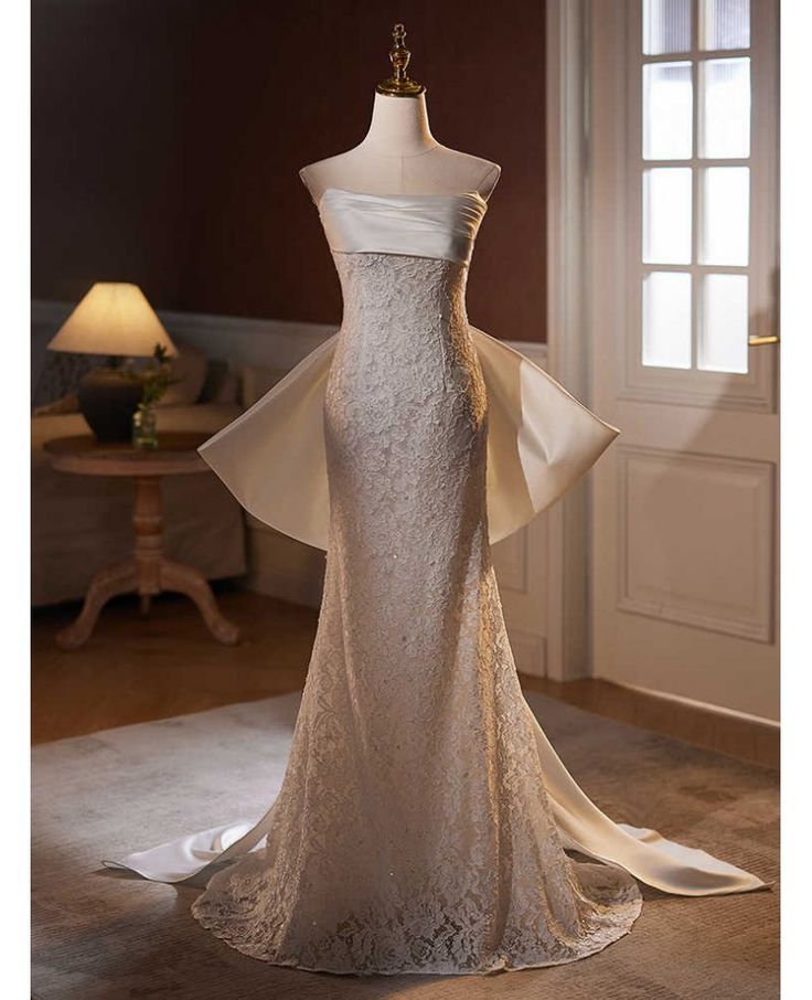 White Elegant Shiny Strapless Long Mermaid Slim Lace Ball Gown Evening Dress Trailing Wedding Dress nv3468