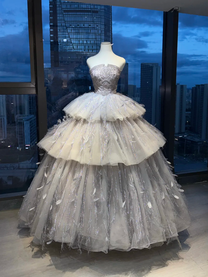 Silver Gray Strapless Princess Ball Gown Heavy Rhinestone Beading Tiered Glitter Tulle Feather Long Evening Gown  NV7005