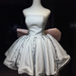 Silver Glitter Strapless Mini Homecoming Dress Tube Neck Beaded Tassel Puffy Skirt Large Pink 3D Bow Back Short Formal Gown  NV6932