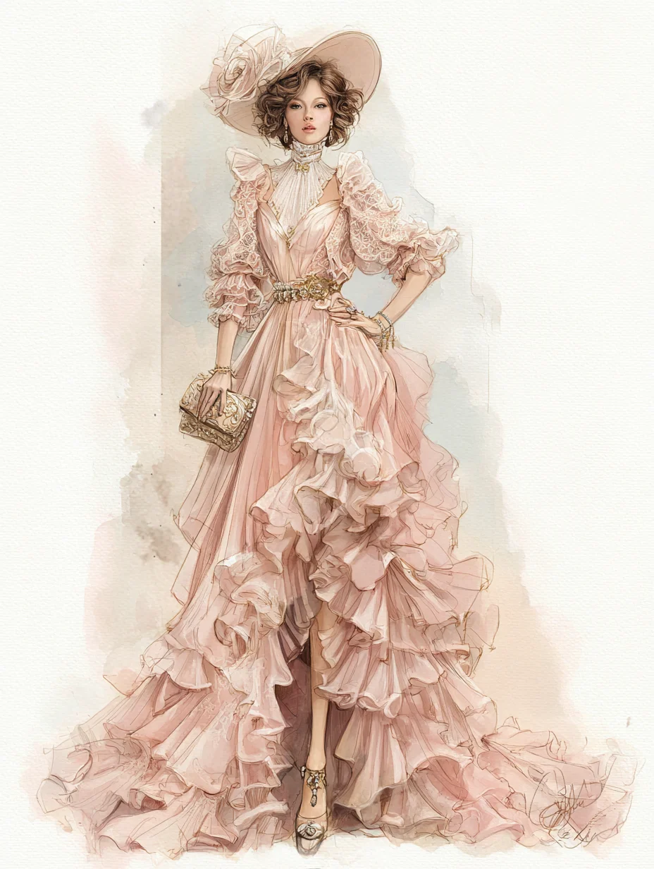 Dusty Pink Edwardian Lace Ruffle Train Vintage Evening Gown  NV7412