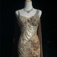 Spaghetti Strap Champagne Gold Short Prom Dress Heavy Rhinestone Beading Mermaid Bodycon with Long Chiffon Cape Formal Gown  NV6903