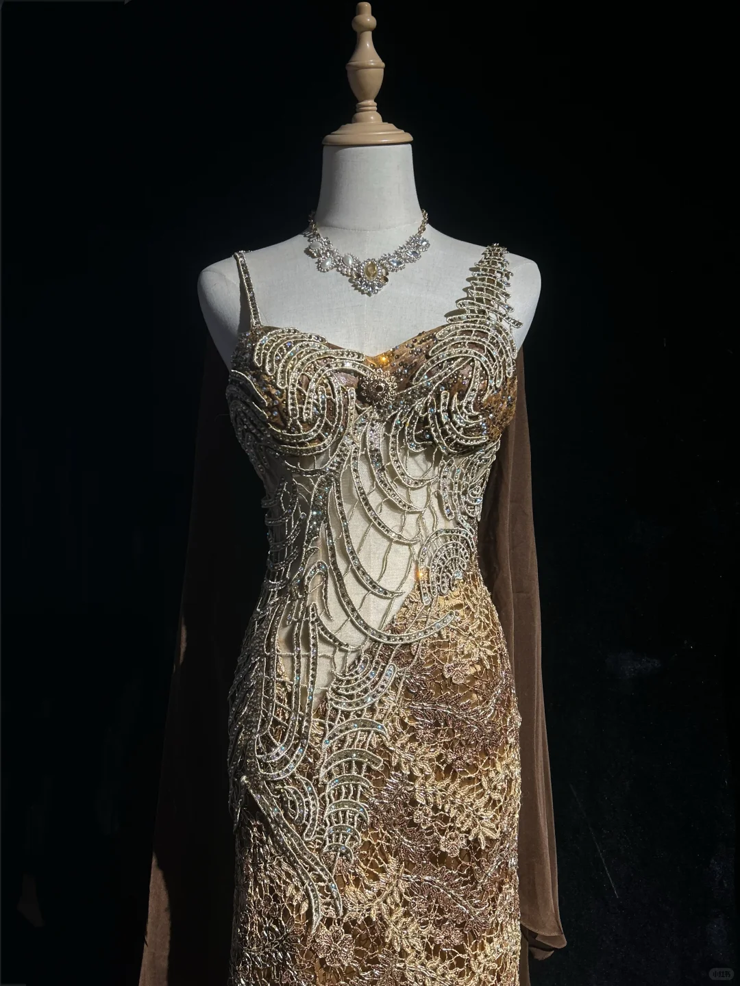 Spaghetti Strap Champagne Gold Short Prom Dress Heavy Rhinestone Beading Mermaid Bodycon with Long Chiffon Cape Formal Gown  NV6903