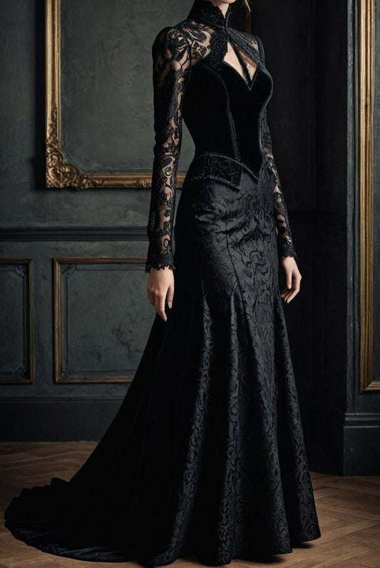 NiceVestidos-_Black long-sleeved lace satin velvet dress NV6016