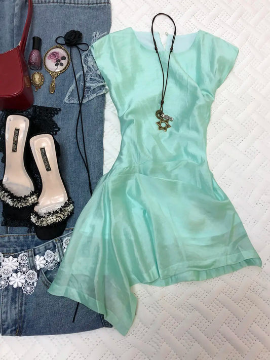 Mint Green Satin Short Homecoming Dress Round Neck Cap Sleeve A-Line Asymmetrical Hem Vintage Cocktail Gown  NV6917