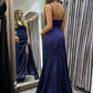 A Line Open Back Navy Blue Satin Long Prom Dresses with High Slit, Long Navy Blue Formal Graduation Evening Dresses nv1503