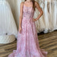 A Line Open Back Pink Sequins Lace Long Prom Dress Open Back Pink Lace Formal Dress Pink Lace Floral Evening Dress nv1566