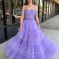A Line Sweetheart Neck Beaded Straps Lilac/Black Long Prom Dresses, Lilac/Black Layered Tulle Formal Evening Dresses nv1505