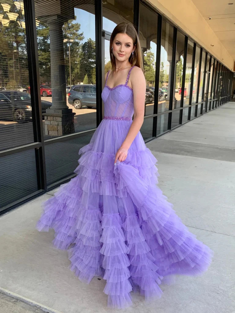 A Line Sweetheart Neck Beaded Straps Lilac/Black Long Prom Dresses, Lilac/Black Layered Tulle Formal Evening Dresses nv1505