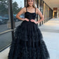 A Line Sweetheart Neck Beaded Straps Lilac/Black Long Prom Dresses, Lilac/Black Layered Tulle Formal Evening Dresses nv1505