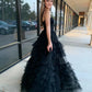A Line Sweetheart Neck Beaded Straps Lilac/Black Long Prom Dresses, Lilac/Black Layered Tulle Formal Evening Dresses nv1505