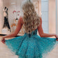 A Line V Neck Blue Lace Prom Dresses, Short Blue Lace Homecoming Dresses, Blue Formal Graduation Evening Dresses nv1474